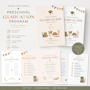 May include: A bi-fold preschool graduation program template. The design features colorful text and illustrations, including a graduation cap, rainbow, and ABC blocks. The program is US Letter size, 8.5 x 11 inches, and includes options for editing text and changing colors.