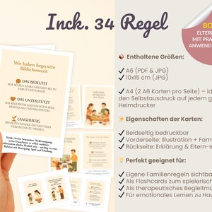 May include: A set of educational flashcards with illustrations and text, designed for family rules and emotional learning. The cards are in A6 and 10x15 cm sizes, with a bonus parent guide. The cards are double-sided.