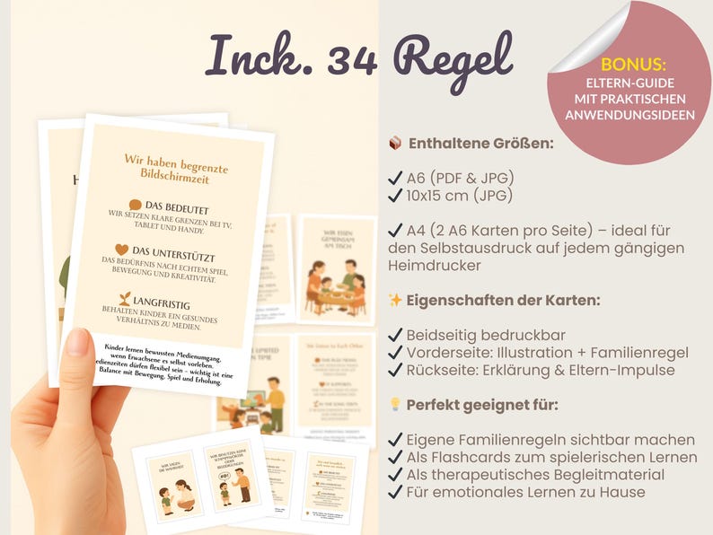 May include: A set of educational flashcards with illustrations and text, designed for family rules and emotional learning. The cards are in A6 and 10x15 cm sizes, with a bonus parent guide. The cards are double-sided.