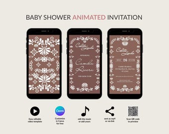 Editable Cielito Lindo Invitation for Baby Shower, Animated Digital Template with Mexican Music, Papel Picado Invite, Brown Talavera, CLBS