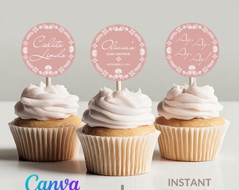 Cielito Lindo Baby Shower Cupcake Toppers: Pink Talavera Art (Printable PDF Template), Mexican Pabel Picado, Canva Template