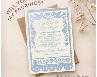 Editable Godmother & Godfather Proposal Template | Padrinos Madrina Padrino Canva Card | Mexican Papel Picado Bautizo Taufe | Printable Card
