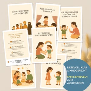 Puede incluir: Un conjunto de tarjetas ilustradas en alemán, centradas en las reglas familiares y el apoyo emocional. Las tarjetas muestran ilustraciones de personas y niños, con textos como «Respetamos a todas las personas» y «Todos los sentimientos son bienvenidos».