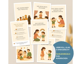 Familienregeln Karten zum Ausdrucken, Montessori & sanfte Erziehung, spielerisch Regeln lernen für Zuhause, Kita oder Schule, PDF y JPG