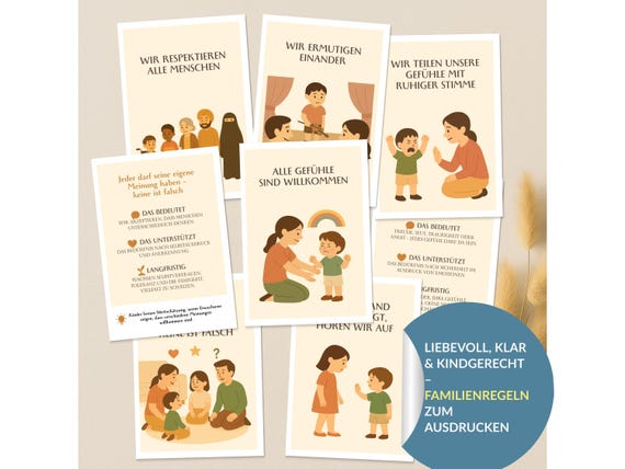 Familienregeln Karten zum Ausdrucken, Montessori & sanfte Erziehung, spielerisch Regeln lernen für Zuhause, Kita oder Schule, PDF and JPG