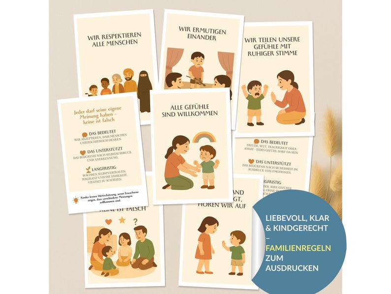 May include: A collection of illustrated cards with text in German, featuring family rules and emotional support themes. The cards have illustrations of people and children, with text such as "We respect all people" and "All feelings are welcome."