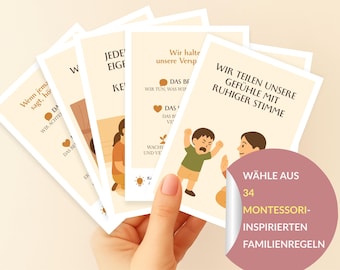 Hausregeln Familie zum Ausdrucken – Regelkarten Kindergarten & Grundschule, Familienregeln Deutsch mit Bildern, Montessori inspiriert, PDF