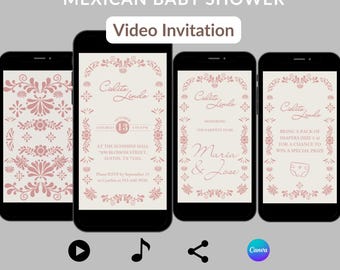 Animated Cielito Lindo Baby Shower Invitation: Mexican Music, Papel Picado, Blush Pink Talavera (Digital Canva Template), CLBS