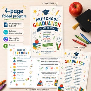 Może przedstawiać: 4-stronicowy, składany program ukończenia przedszkola. Okładka zawiera kolorowy tekst: "Preschool Graduation Class of 2026." Wewnętrzne strony zawierają porządek uroczystości i listę absolwentów. Program jest w formacie US Letter, 21,59 x 27,94 cm.