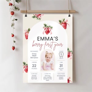 Beere Erstes Jahr Fotoschild, Baby Meilensteintafel, Erdbeere Dekoration zum ersten Geburtstag, Meilenstein Poster für 1
