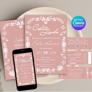 May include: A baby shower invitation suite in a dusty rose colour, featuring floral and decorative elements. The suite includes invitations, raffle tickets, and a phone displaying the invitation design. The text reads "Cielito Lindo" and event details.