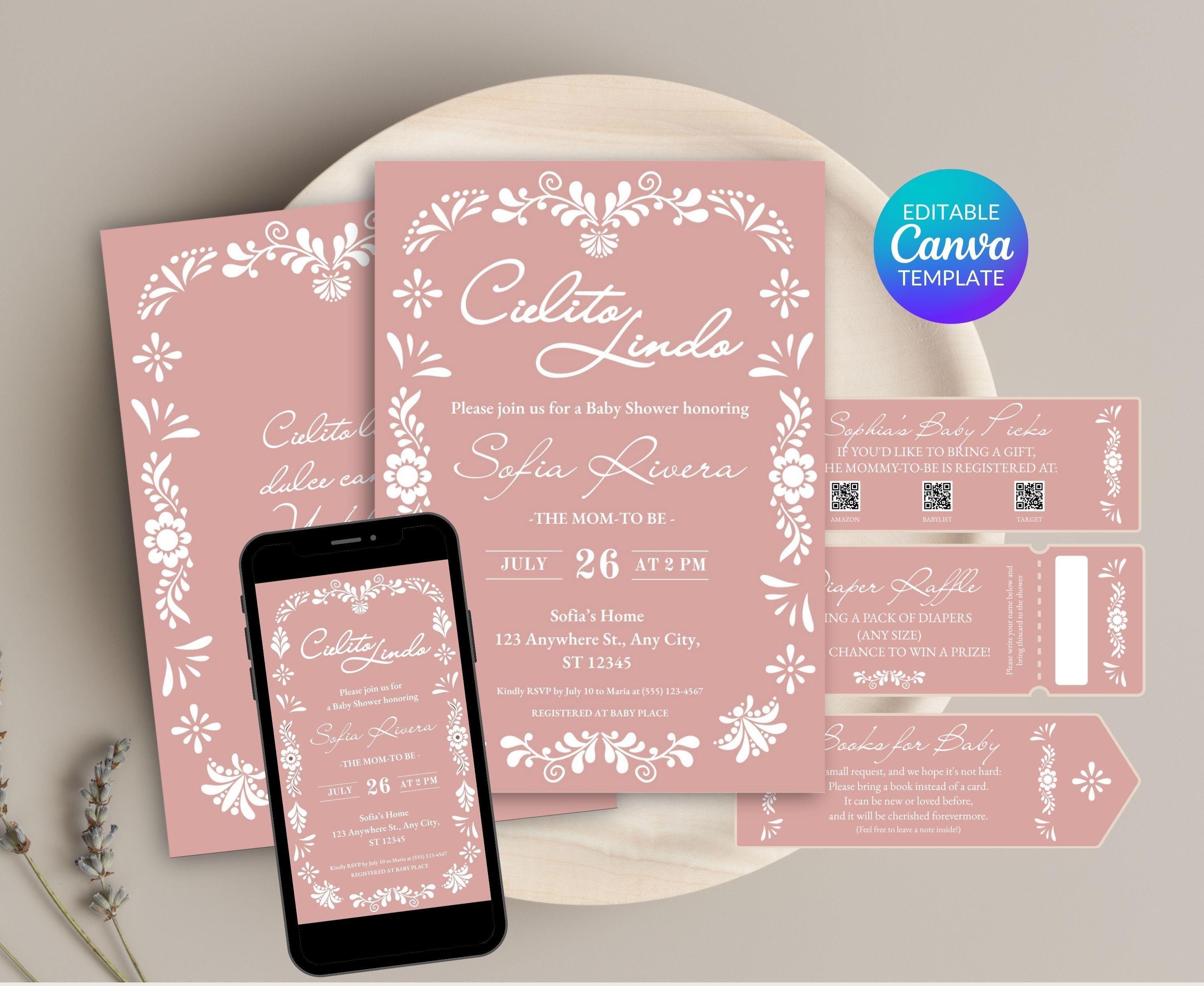 Cielito Lindo Invitation for Baby Shower, Mexican Baby Shower Invite, Papel Picado Invite, Dusty Rose Talavera, Registry Card QR Code, CLBS