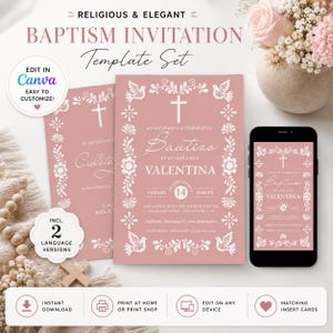 May include: A dusty rose baptism invitation template set featuring white floral borders, doves, and a cross. The text includes RELIGIOUS & ELEGANT BAPTISM INVITATION, EDIT IN CANVA, and INCL. 2 LANGUAGE VERSIONS. The design is displayed on a physical card and a smartphone screen.