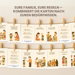 May include: A set of illustrated cards with family rules, hanging from a string with wooden clips. The cards feature illustrations of parents and children, with text in German. The cards are beige with brown illustrations.