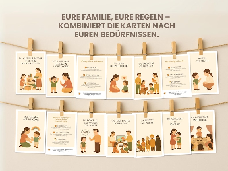 May include: A set of illustrated cards with family rules, hanging from a string with wooden clips. The cards feature illustrations of parents and children, with text in German. The cards are beige with brown illustrations.