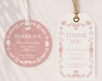 Cielito Lindo Custom Favors Tag, Cielito Lindo Baby Shower Baptism or first Birthday, Powder Pink Talavera Tags, Papel Picado Art, CLBS