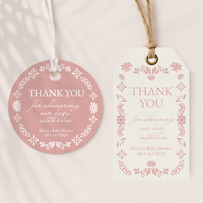 May include: Two baby shower thank you tags. One is round and the other is a tag shape. Both have a floral design and the text "THANK YOU for showering our baby with love." The date "08-16-2025" is also included.