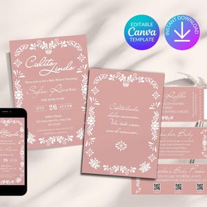 Convite Cielito Lindo para Chá de Bebê, Convite para Chá de Bebê Mexicano, Convite Papel Picado, Dusty Rose Talavera, Código QR do Cartão de Registro, CLBS