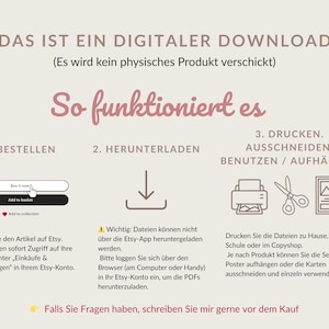 May include: A digital download guide with instructions in German. The guide explains how to order, download, print, cut, and use the digital product. Includes icons for each step and text in a soft brown color.