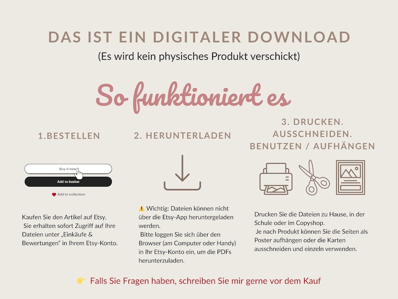 May include: A digital download guide with instructions in German. The guide explains how to order, download, print, cut, and use the digital product. Includes icons for each step and text in a soft brown color.