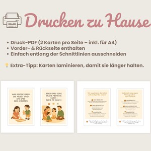 May include: Printable cards with illustrations of children and families. The cards have text in German, including "Drucken zu Hause" and instructions for printing and laminating. The cards are designed for educational or family use.