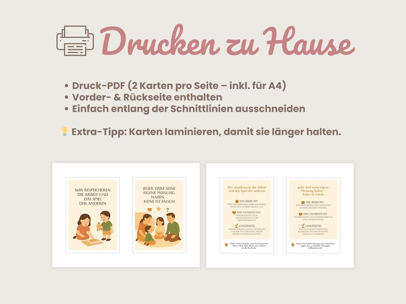 May include: Printable cards with illustrations of children and families. The cards have text in German, including "Drucken zu Hause" and instructions for printing and laminating. The cards are designed for educational or family use.