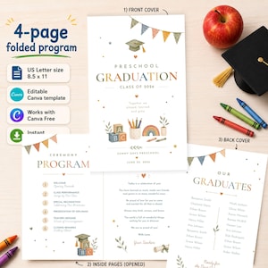 May include: A 4-page preschool graduation program template. The front cover features a watercolor design with a graduation cap, bunting, and the text "Preschool Graduation Class of 2026." Includes US Letter size 21.59 x 27.94 cm. The program is editable in Canva.