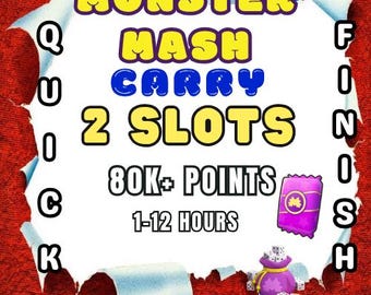 May include: A digital graphic with a red textured border featuring the text MONSTER MASH CARRY 2 SLOTS, 80K+ POINTS, 1-12 HOURS, QUICK, FINISH, and #MoGoShopFind. Includes a purple gift box icon and a purple drawstring bag with dice.