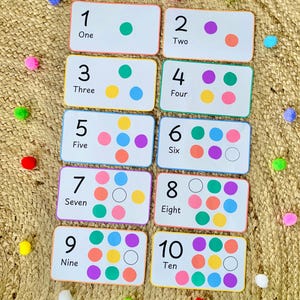 Comptez jusqu'à 10 avec des pompons, activité de comptage et d'association des couleurs, imprimables mathématiques pour le préscolaire, cartes flash chiffres, apprentissage des nombres, Monessori