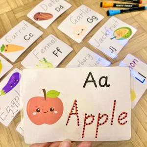 ABC Alphabet-Lernkarten, A-Z-Karten, Obst- und Gemüse-Lernkarten, Montessori-Karten, Lernkarten zu Hause, Vorschul-Lernkarten