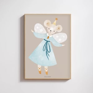 Póster de ballet "Hada Ratón" - Decoración infantil - Impresión A4 - Cuadro mural de animales de ballet - Ilustración en acuarela - Regalo para bautizo o cumpleaños