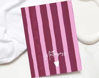 May include: A rectangular notebook featuring a vertical striped pattern in alternating shades of dark burgundy and light pink. The word Mutterpass is printed in white script font in the center, positioned above a small white heart icon.