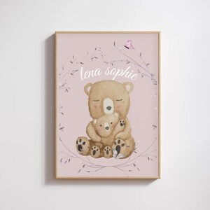 Poster orso personalizzato – decorazione cameretta neonato – poster nascita con nome – poster animali per bambine – quadro moderno da parete
