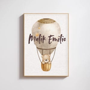 Póster personalizable de globo aerostático con oso – imagen con nombre para habitación de bebé – regalo para nacimiento y bautizo – decoración habitación infantil impresión A4