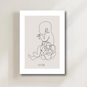 Lámina artística personalizada para bebé - Recién nacido de una línea con flor - Póster minimalista con nombre - Regalo de nacimiento