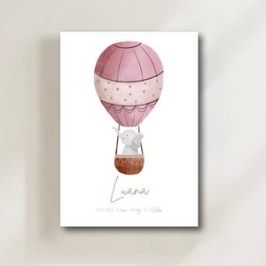 Foto de nacimiento personalizada en globo aerostático - Cuadro de pared con datos de nacimiento - Decoración habitación bebé - Idea regalo - Póster bebé con nombre, fecha y datos