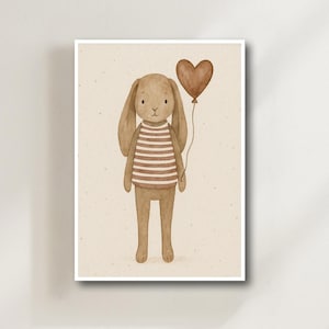 Póster de acuarela de conejo con globo - decoración habitación infantil - póster de globos - estilo escandinavo - decoración habitación bebé neutra - regalo bautizo