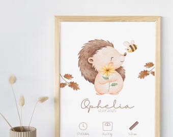 Personalized Hedgehog Birth Poster – Watercolor Children's Poster with Birth Details – Gift for Birth & Christening – Boho Wall Art for Baby's Room
