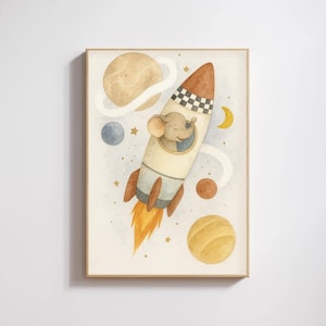 Poster spaziale per cameretta del bambino – elefante acquerello su razzo – decorazione scandinava per cameretta del bambino – quadro da parete con immagine di animali – arte spaziale