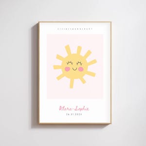 Poster personalizzato per neonati a forma di sole – Nome e data di nascita – Regalo per la nascita – Decorazione per la cameretta dei bambini – Arte murale a forma di sole
