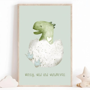 Dinosaur poster for children&#39;s rooms – &quot;Tiny, wild and wonderful&quot; – decoration for baby rooms, dinosaur picture, gift for birth