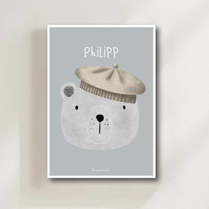 Póster de animal personalizado - Póster con nombre - Regalo para bebé por nacimiento - Regalo de bautizo - Oso de acuarela con sombrero - Diseño escandinavo A4
