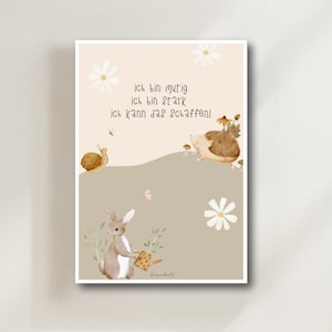 Póster de afirmación para niños con animales: póster alentador con el lema «Soy valiente, soy fuerte»: decoración de habitación infantil, regalo A4.