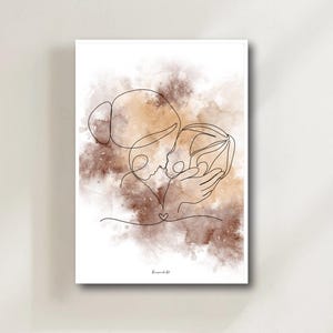 Ilustración personalizada de una línea de madre e hijo | Impresión artística en acuarela | Regalo para mamá | Póster para bebé | Foto familiar de amor