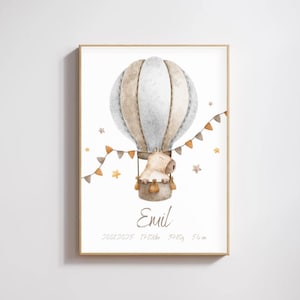 Personalisiertes Geburtsbild Heißluftballon - Baby Poster mit Name, Datum und Daten - Beige Aquarell Deko Kinderzimmer - Capybara Poster