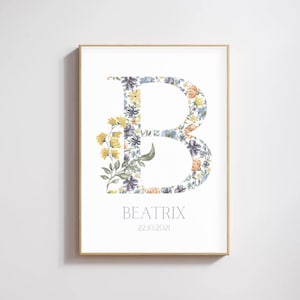 Póster con fecha de nacimiento y letras - Estilo flor silvestre - Decoración de pared personalizada - Minimalista - Decoración de pared para guardería - Arte para habitación de bebé