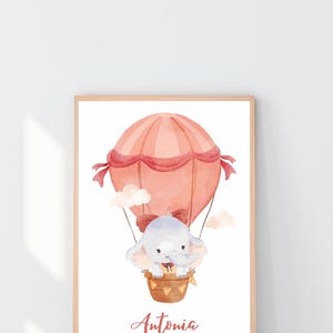 Póster personalizable para habitación de bebé con elefante y globo aerostático – Cuadro con nombre para niña – Decoración de pared para habitación de bebé – Regalo de nacimiento
