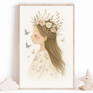 Poster ragazza con corona di fiori - quadro murale acquerello stile boho - decorazione principessa con farfalle - idea regalo