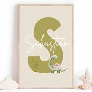 Póster de dinosaurio personalizado para habitación infantil (letra y nombre) | Decoración de pared para habitación de bebé | Regalo de nacimiento o bautizo