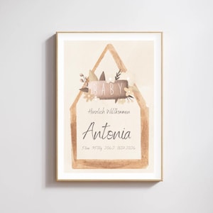 Annuncio di nascita personalizzato in stile boho - poster per neonati con nome, data e dettagli di nascita - regalo per nascita o battesimo - stile acquerello